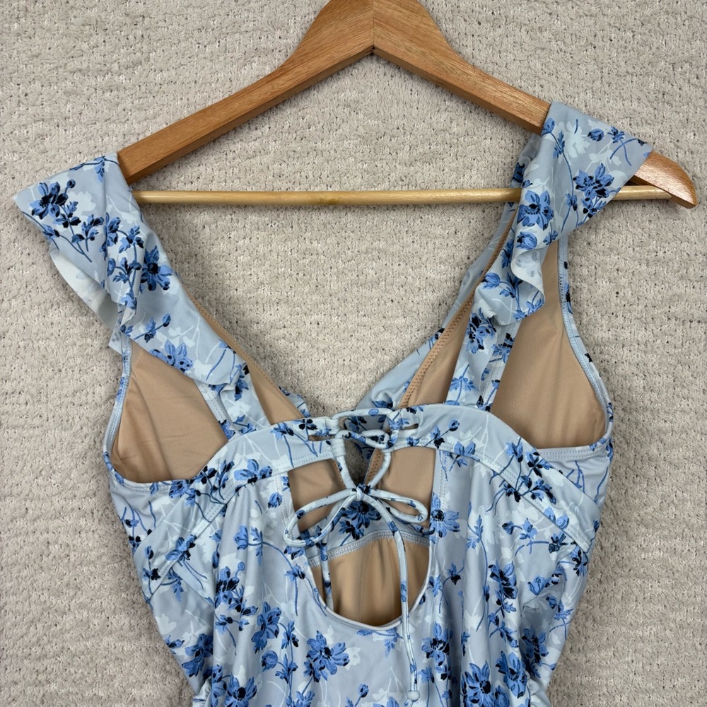 A Pea In The Pod Swimsuit Womens L Blue Floral Maternity Ruffle One Piece Boho - Picture 4 of 7